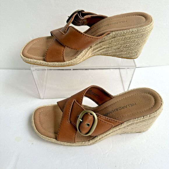 Hillard & Hanson Womens Dessa Caramel Cognac Leather Wedge Slip On Open Toe Sz 8 - Picture 2 of 9